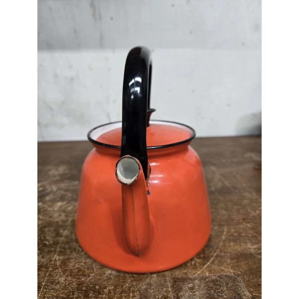 Vintage Huta Silesia Poland Orange Enamelware Tea Kettle Teapot Retro MCM